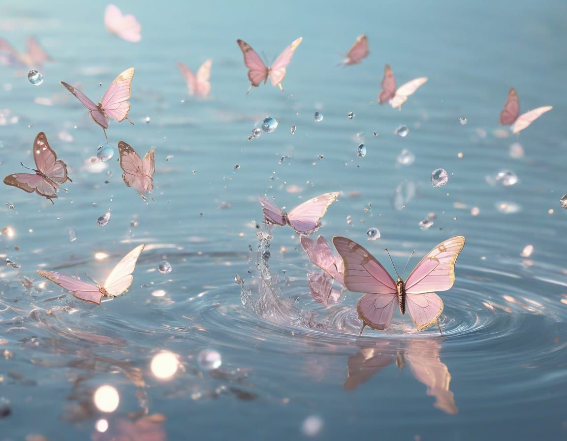Pink Butterflies Over Water in Y2K Pastel Art