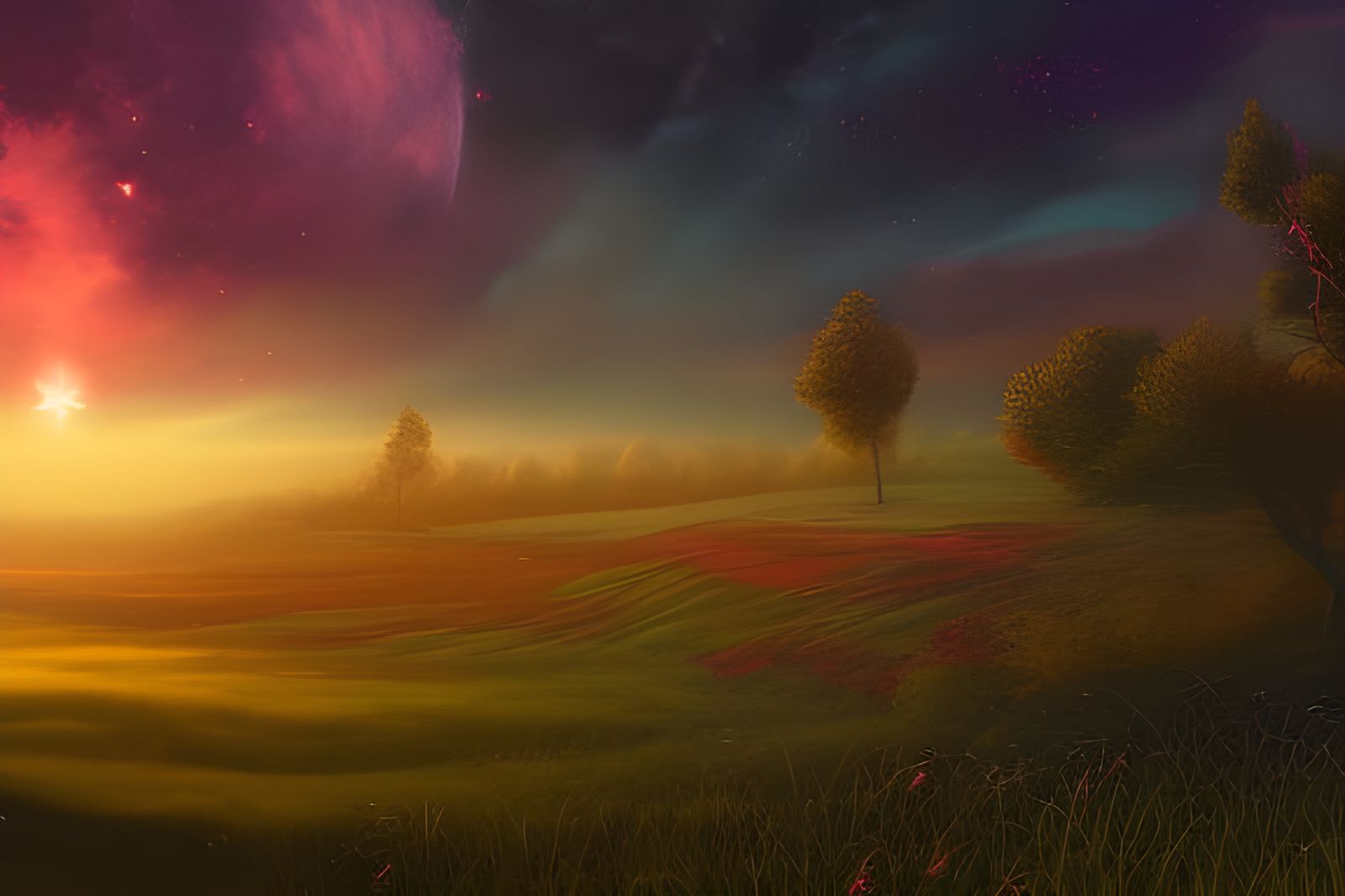 Red Galaxy Sky over Lush Countryside Fields