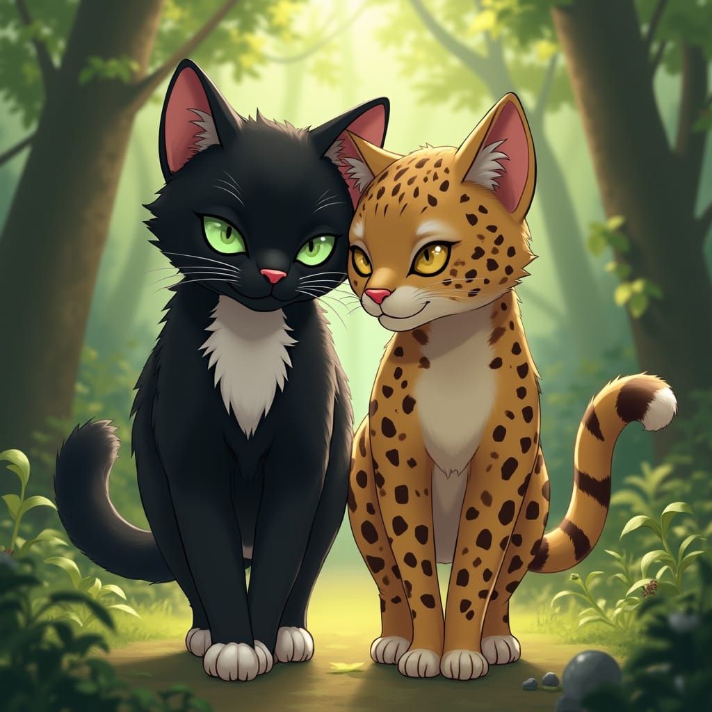 Two Cats Walking in Lush Forest, Painterly Style