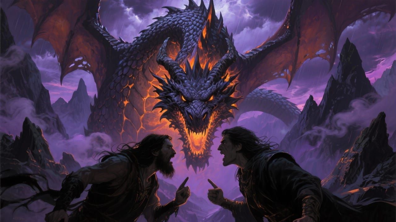 Figures Confront Colossal Dragon in Dark Fantasy Epic