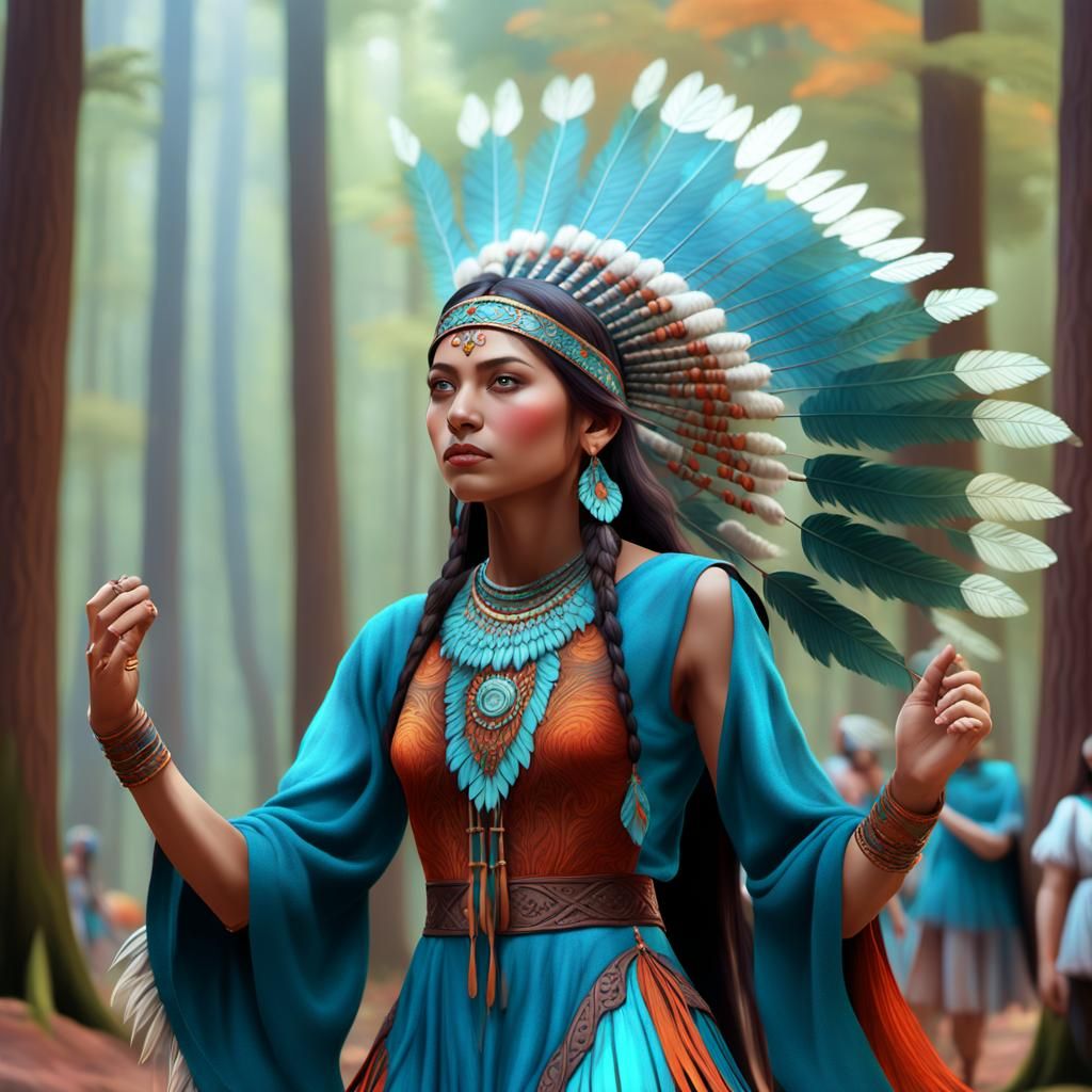 Cherokee Lady Dancing in Lush Forest: Art Nouveau