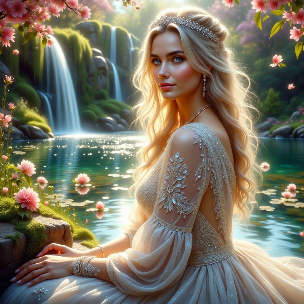 Enchanting Woman by Waterfall in Dreamy Landscape