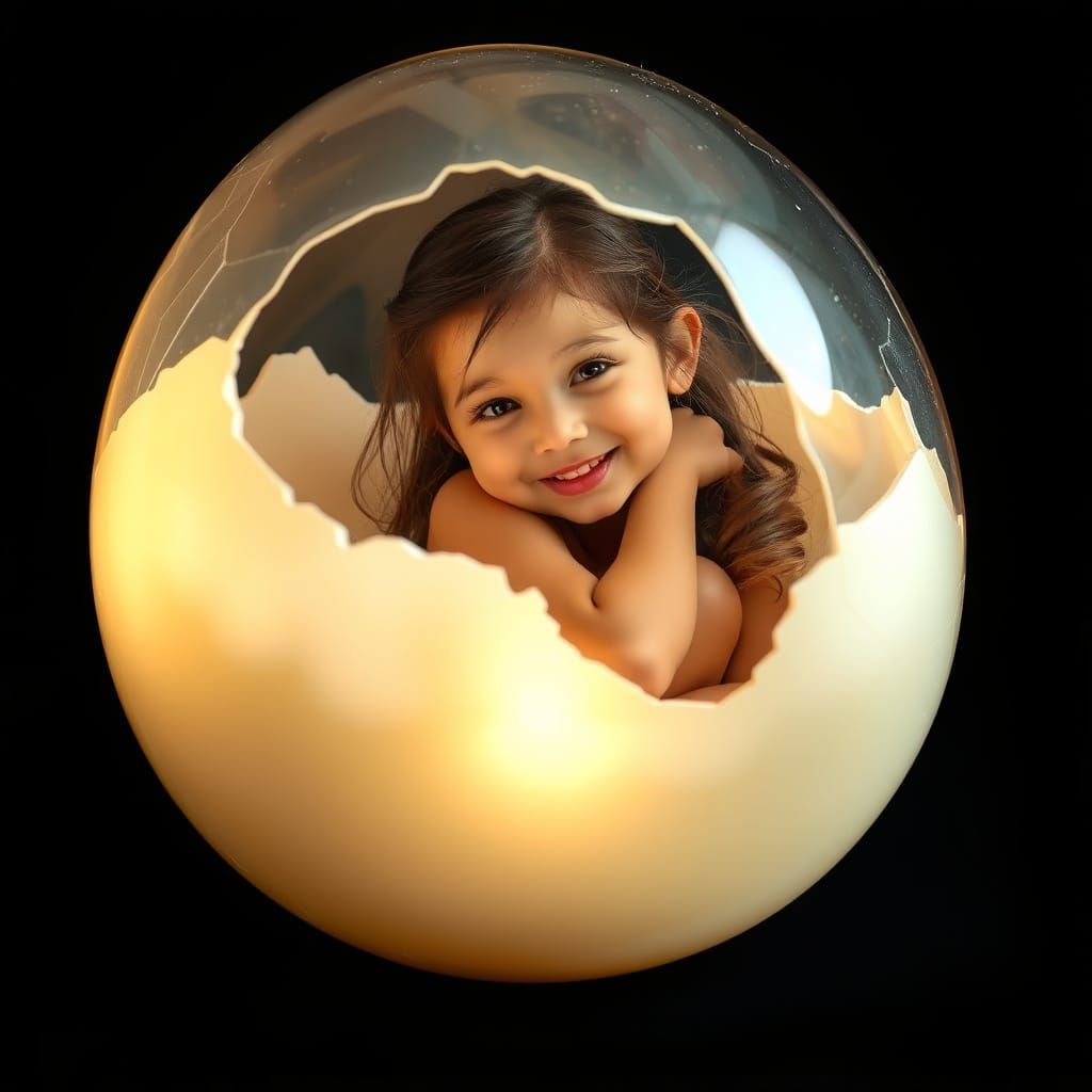 Girl Cradled in Shattered Eggshell, Radiant Smile
