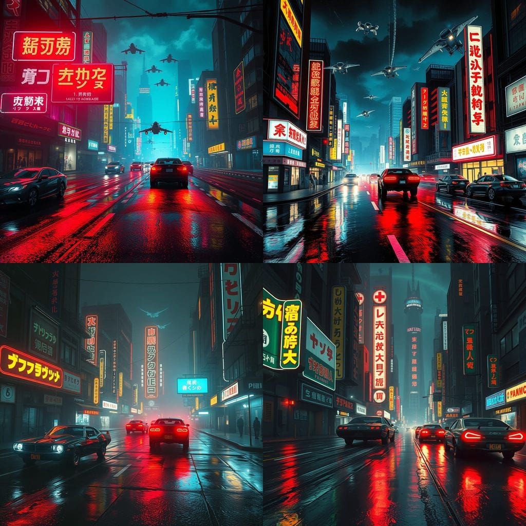 Futuristic City at Night with Neon Signs in Cyberpunk Style