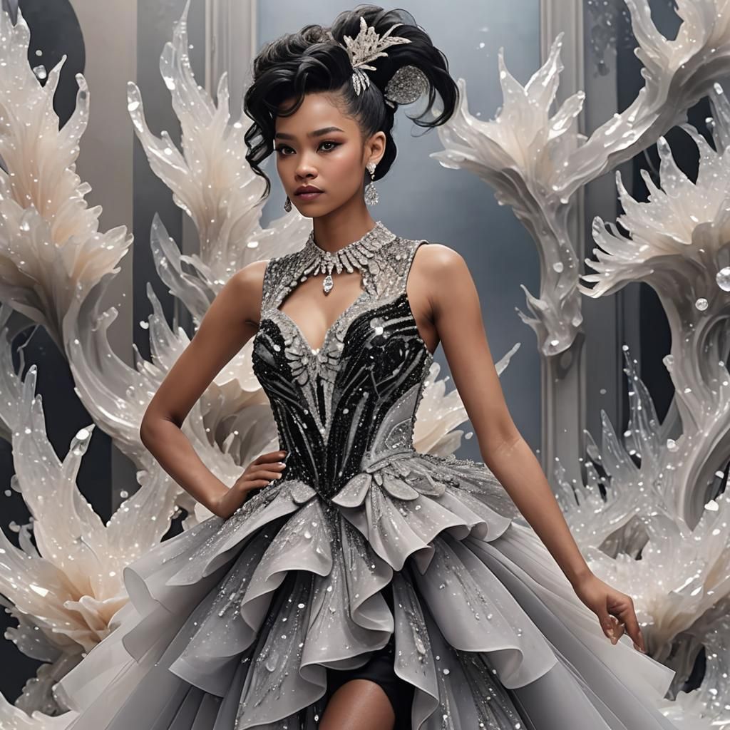 Woman in Crystal Dress in Ballroom, Hyperrealistic