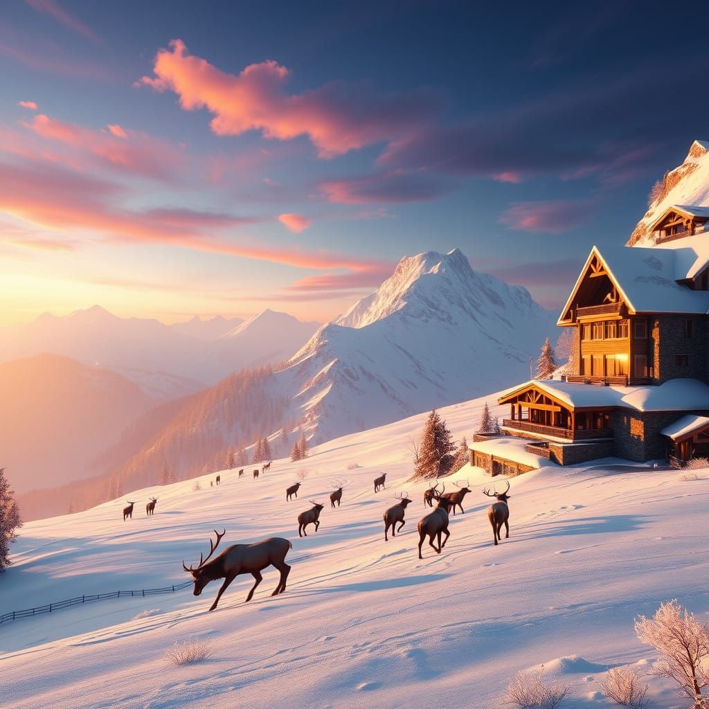 Surreal Fantasy Ski Lodge Scene with Elk in Snowy Valley