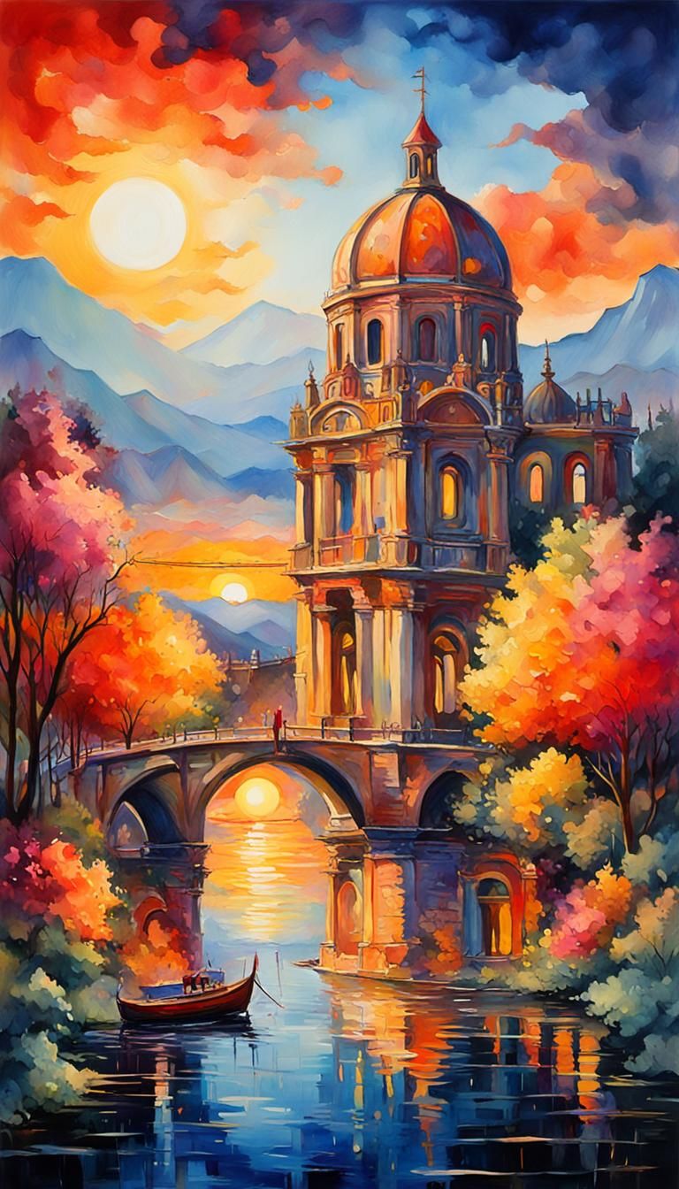 River Church in Gouache Style at Sunset