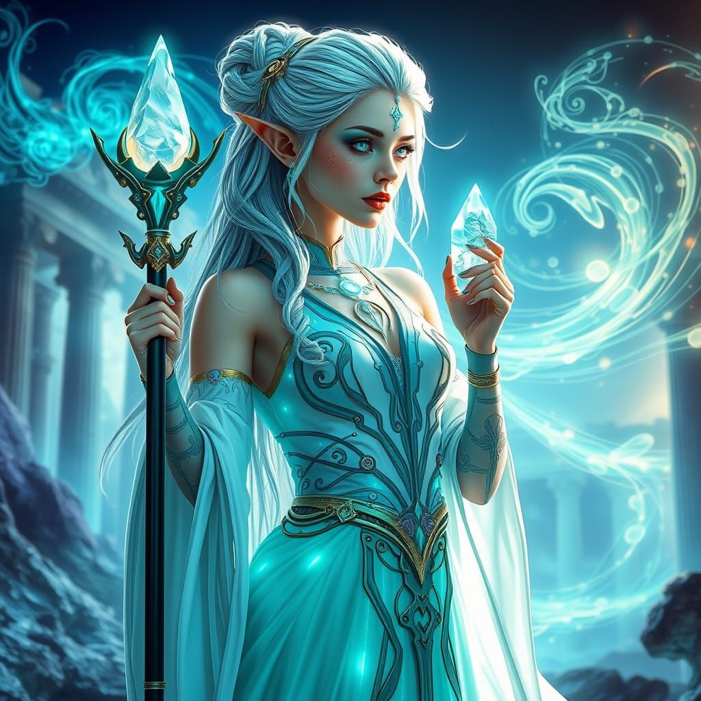 Serene Techno-Priestess in Vibrant Elven Gown