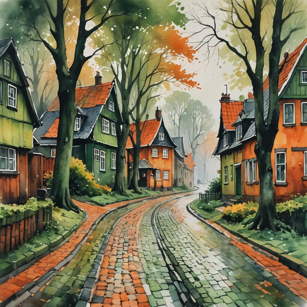 Cobblestone Village Road in Watercolor Painting