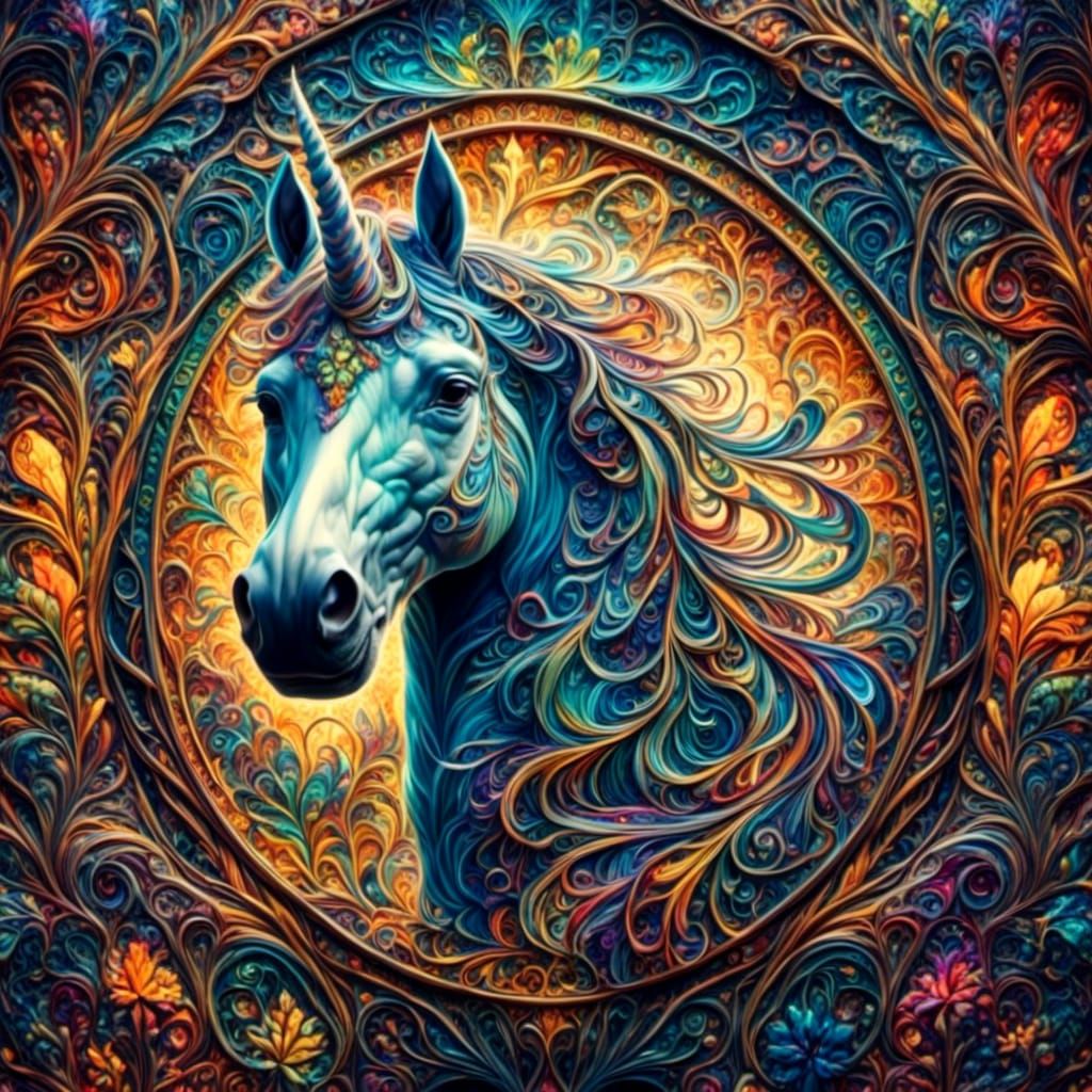 Stained Glass Fall Unicorn in Fractal Mandala Forest