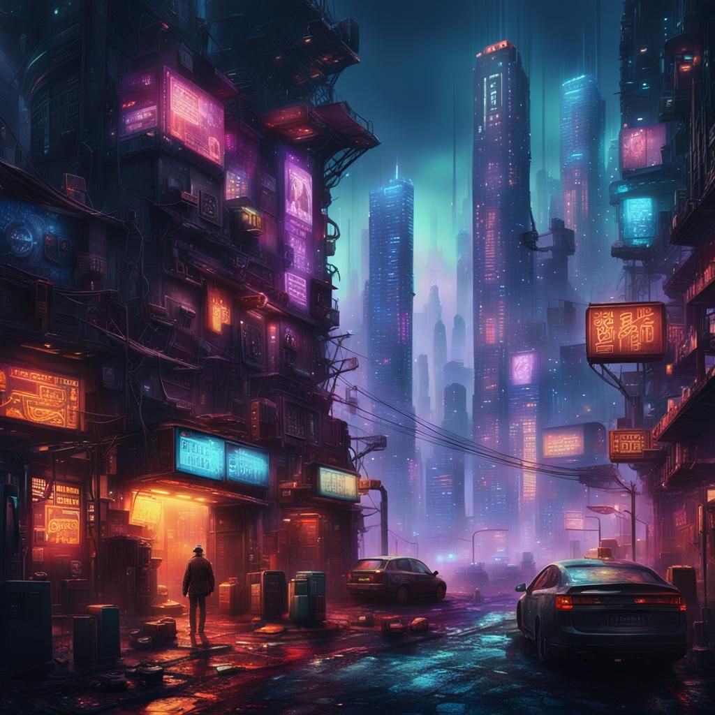Pointillism Cyberpunk Slum: Futuristic Cityscape