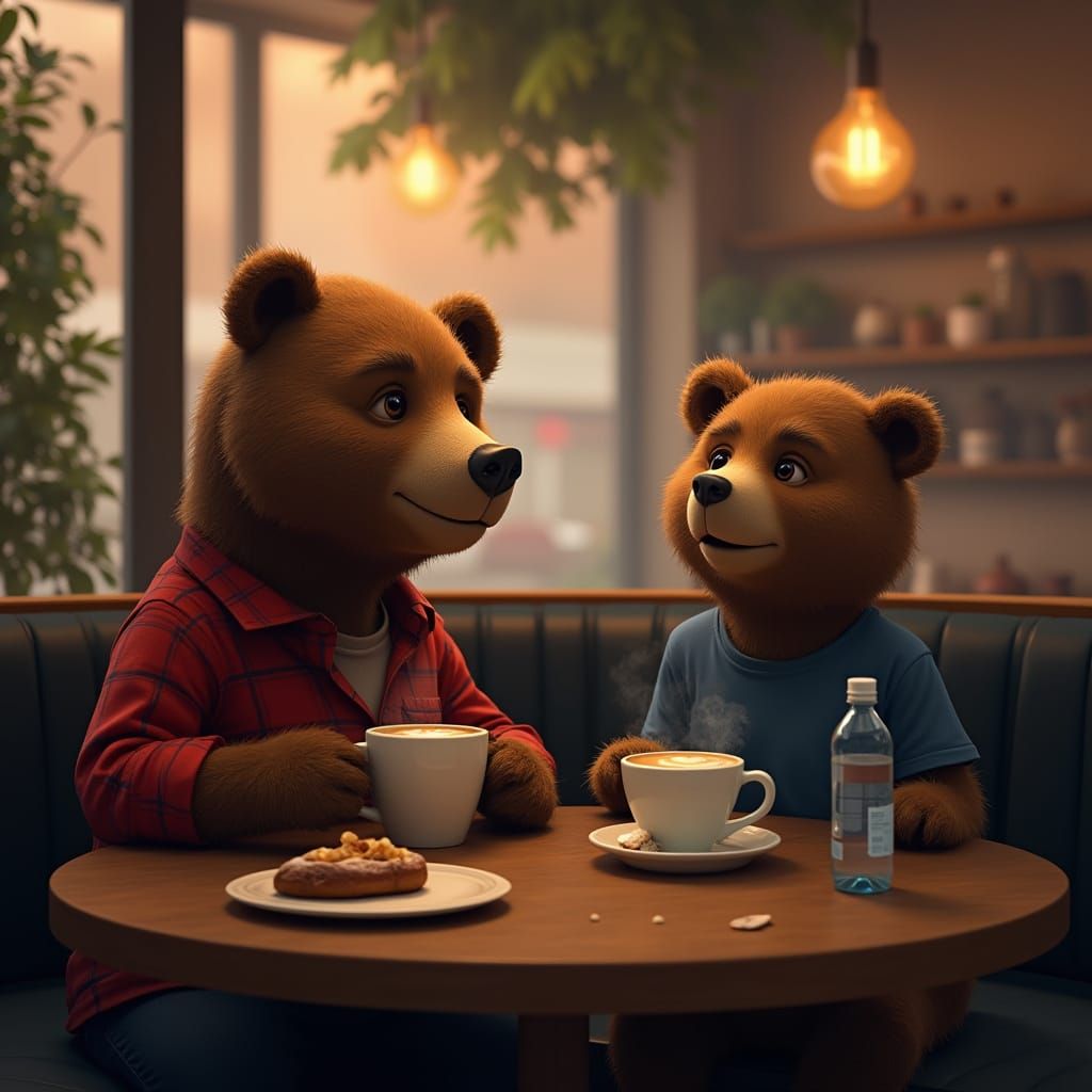 Bears in Cafe: Hyperrealistic Digital Art