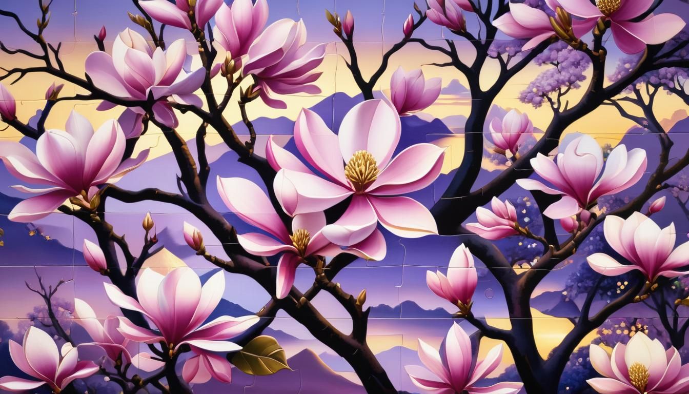 Art Deco Asian Landscape with Magnolia Puzzle Pieces
