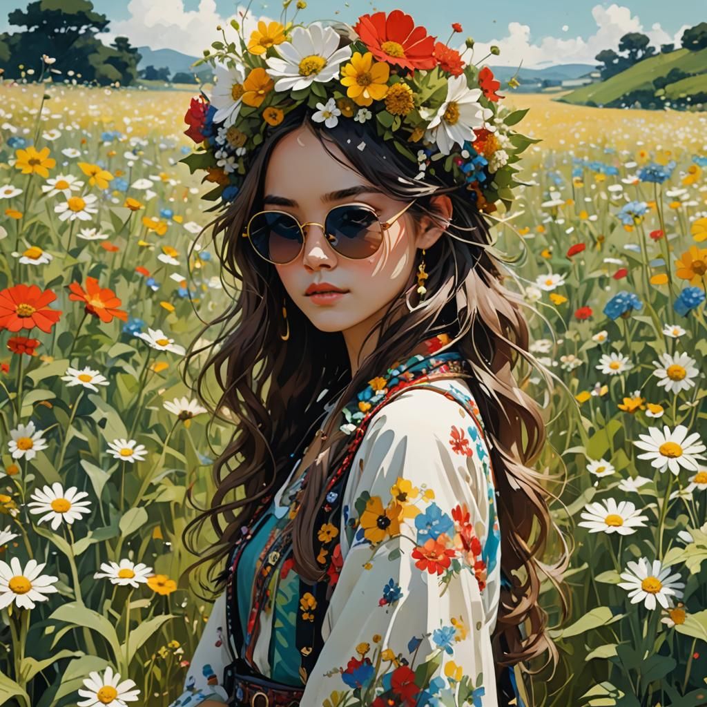 Hippie Princess in Flower Field, Manga Style