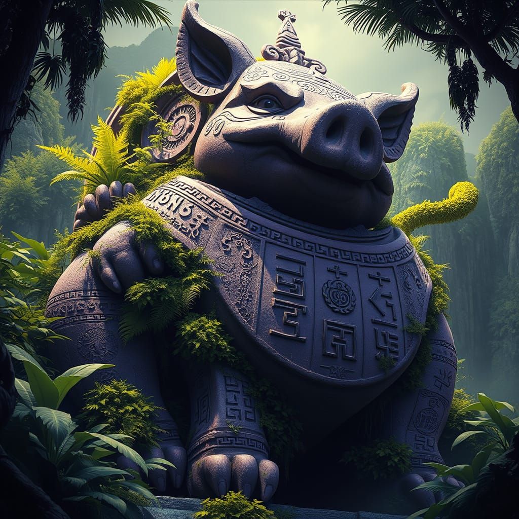 Monumental Pig God Statue in Dark Fantasy Style