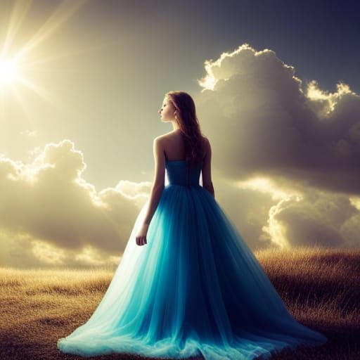 Girl in Blue Ballgown with Divine Sunlight