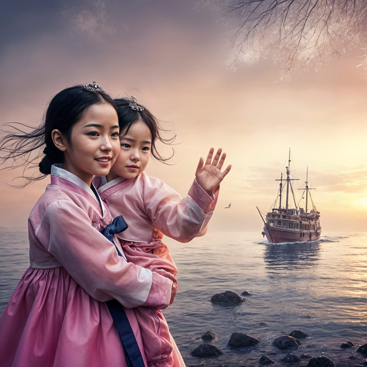 Young Korean Mother Standing by Seaside in Traditional Hanbo...
