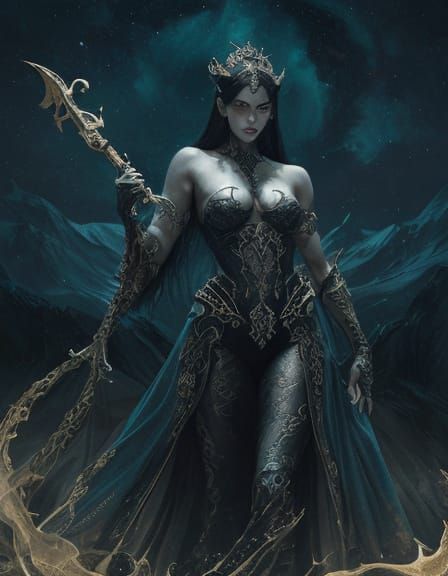 Serene Dark Fantasy Goddess with Four Arms, Serpent Body, an...