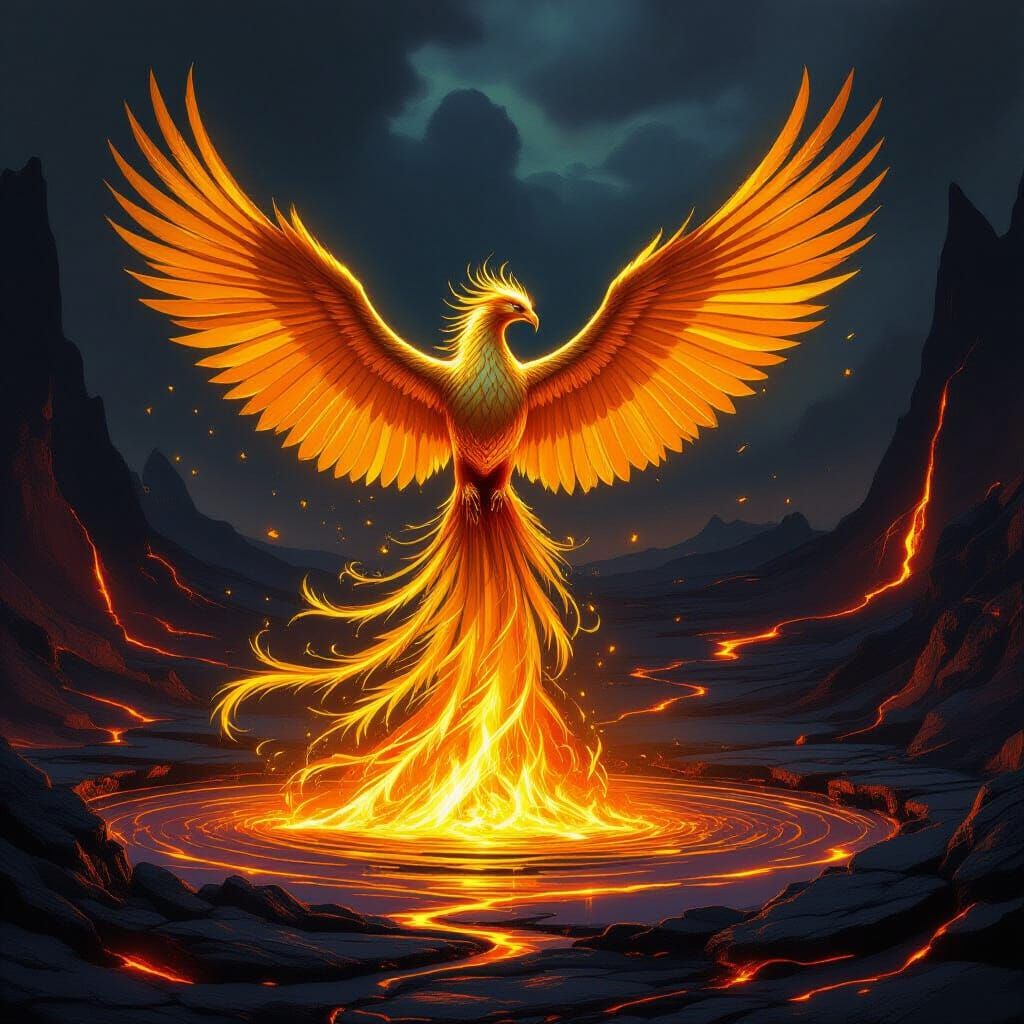 Majestic Phoenix Rises From Molten Gold, Epic Fantasy Art