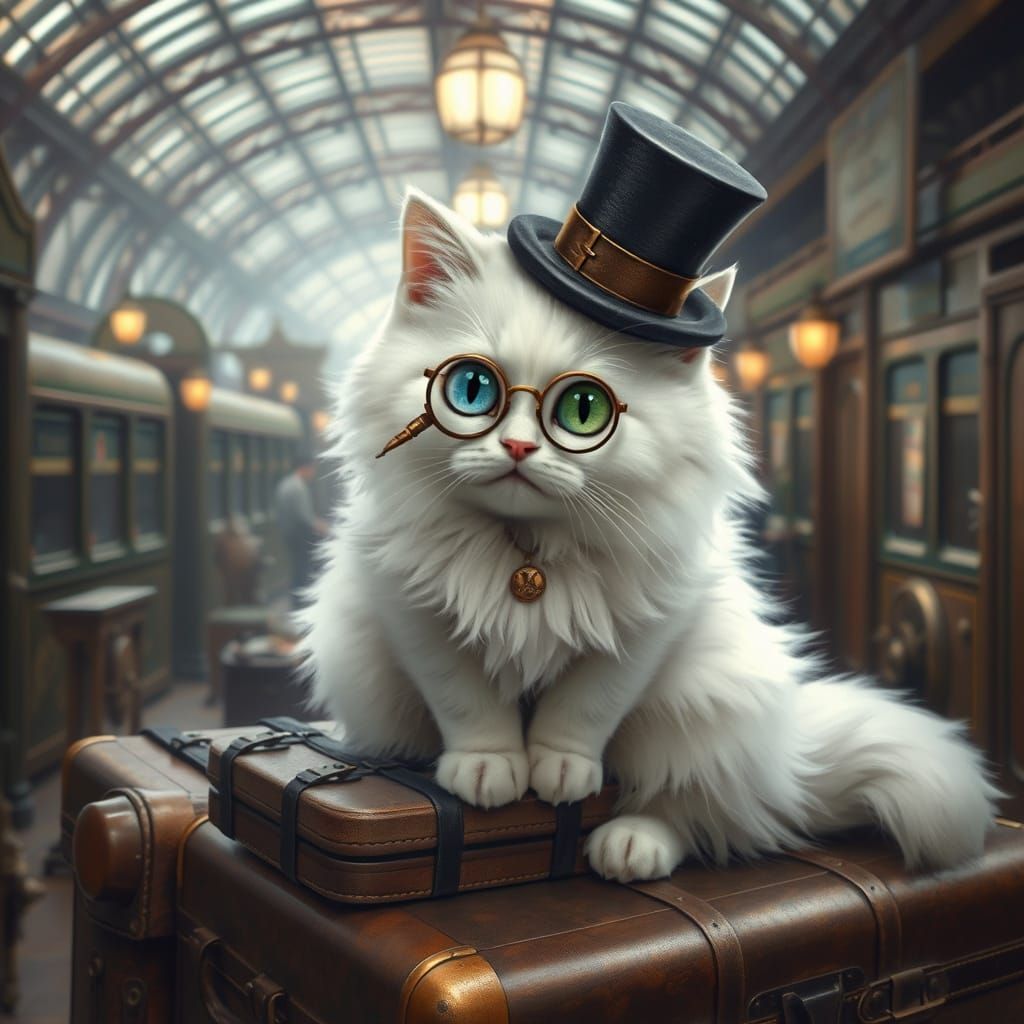 Steampunk Cat Sits Amidst Vintage Suitcases in Bustling Trai...