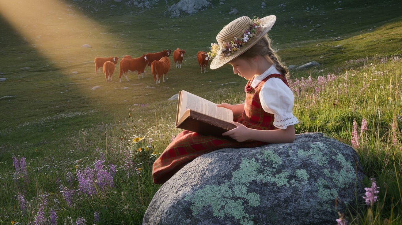 Shepherdess Reading in Sunlit Alpine Valley
