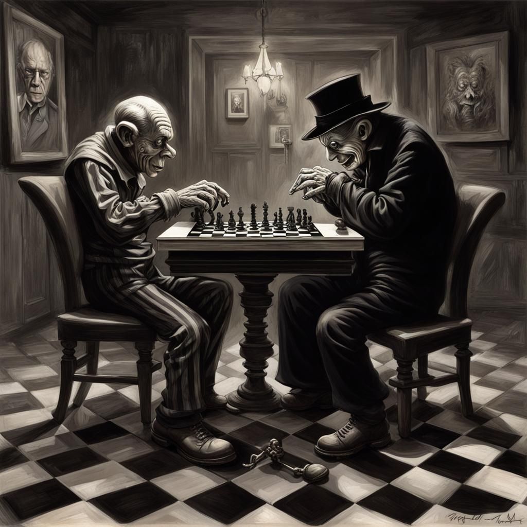Krueger and Mouse Chess Match in Escher Giger Style