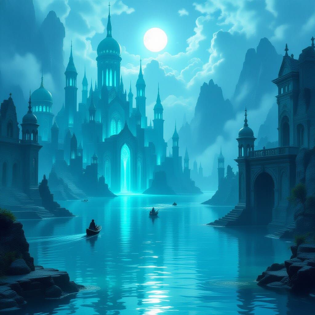 Sunken Elven City of Eldoria in Ethereal Bioluminescent Lake
