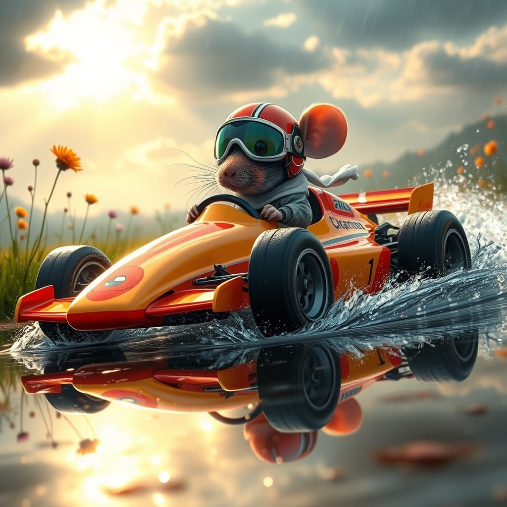 Mouse Speeds Through Dreamy Landscape in Vintage Racing Car