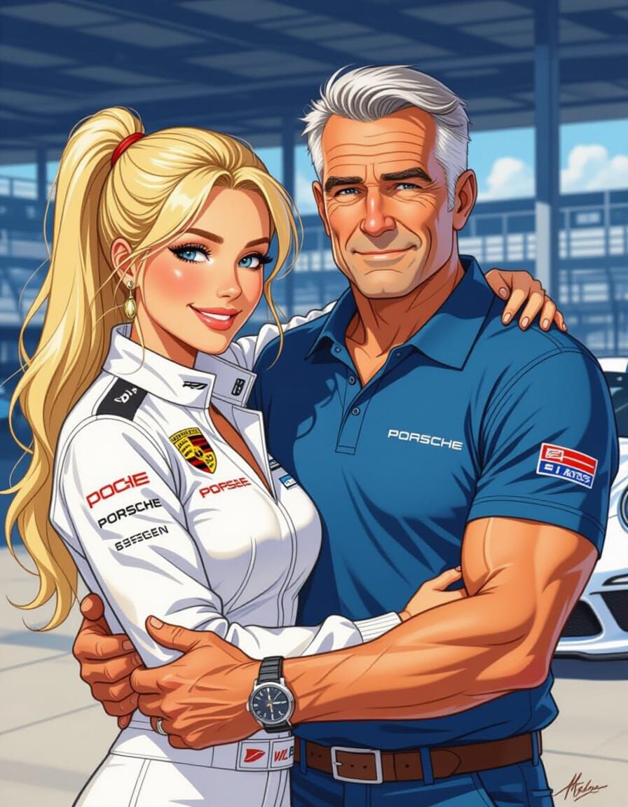 Porsche Driver's Heartwarming Embrace: Milo Manara Style