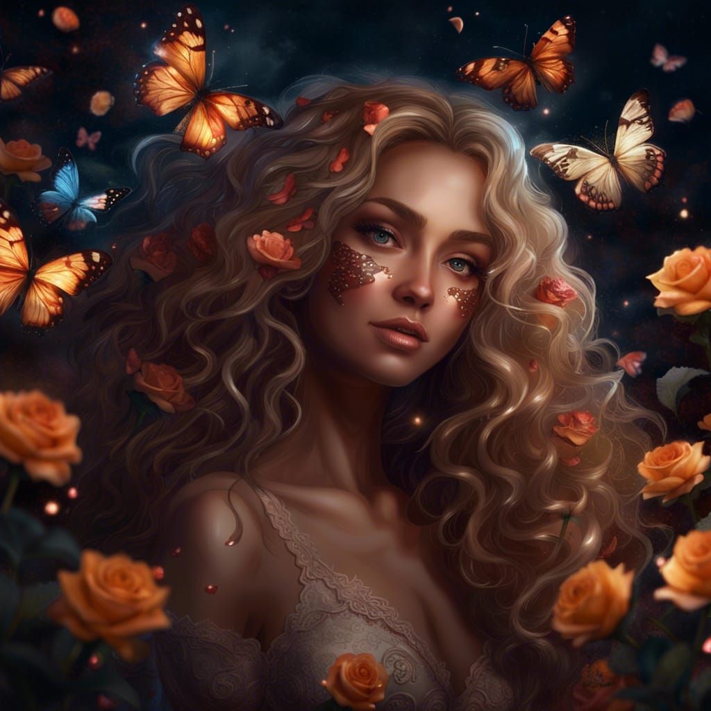 Mystical Garden Portrait with Floral Hair, Hyperdetailed Art
