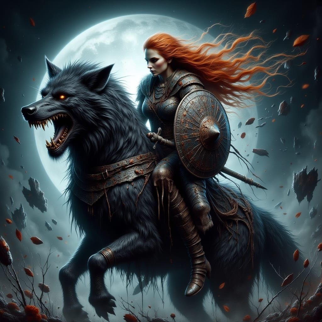 Viking Shield Maiden Rides Wolf-Creature Under Moon