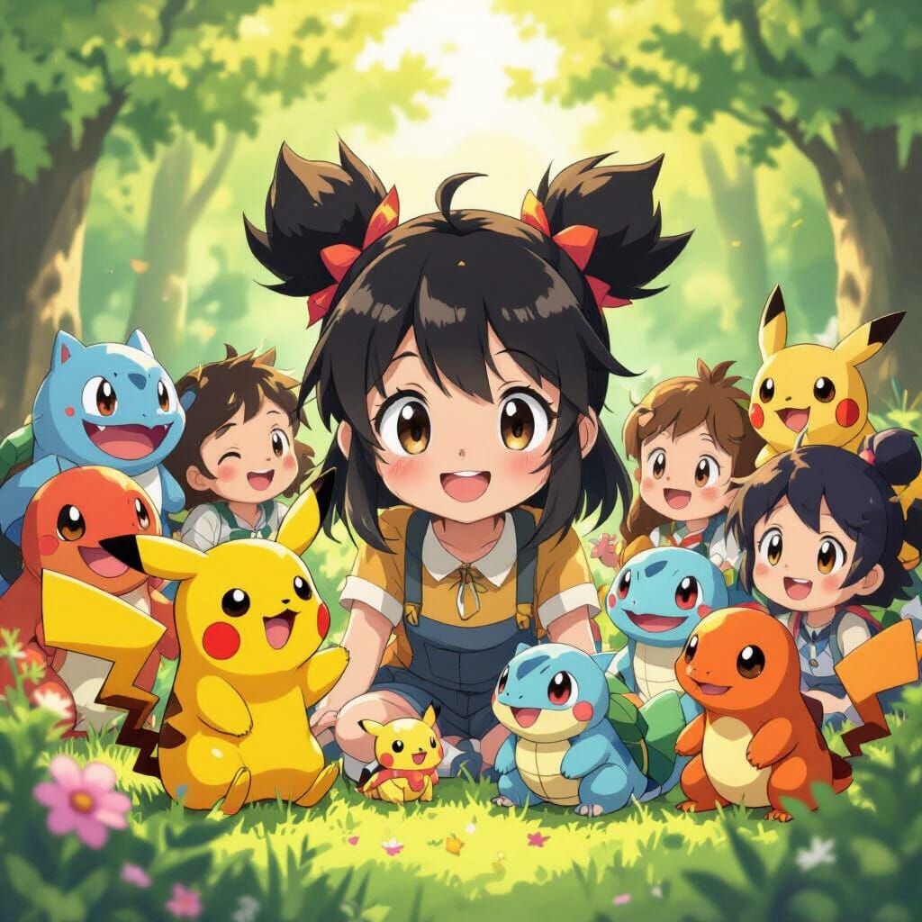 Girl with Pokemon in Sunny Forest Clearing