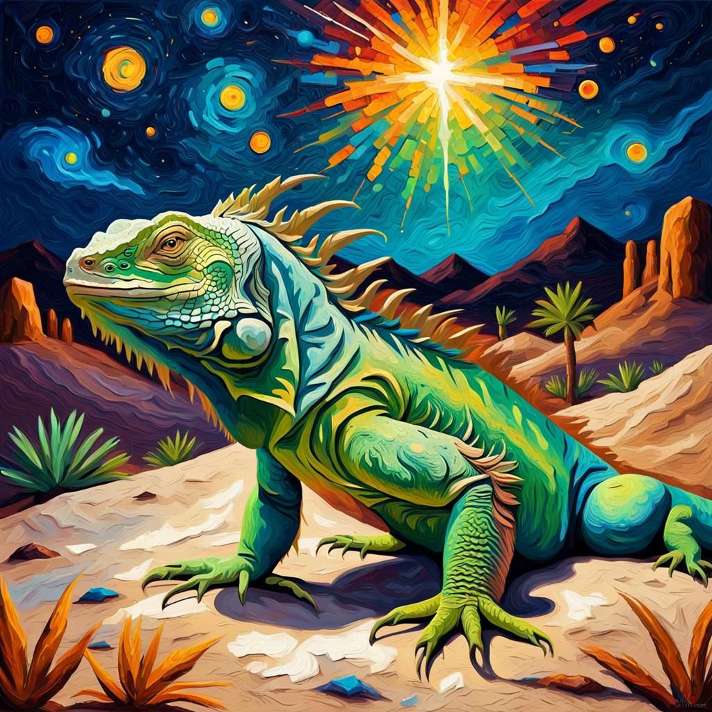 Iguana in Starry Desert Night, Impasto Oil Painting