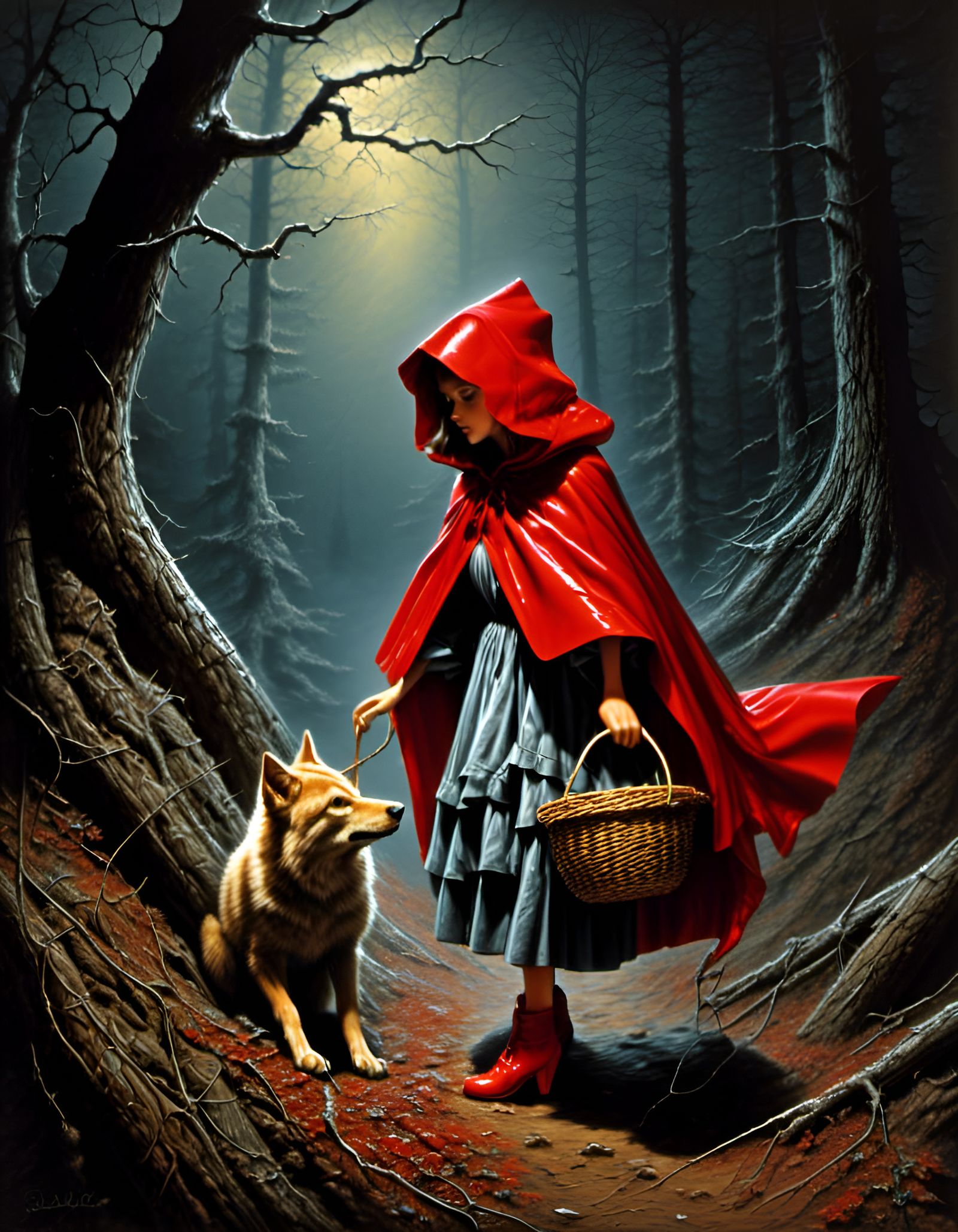 Little Red Riding Hood in Dark Forest Illustration