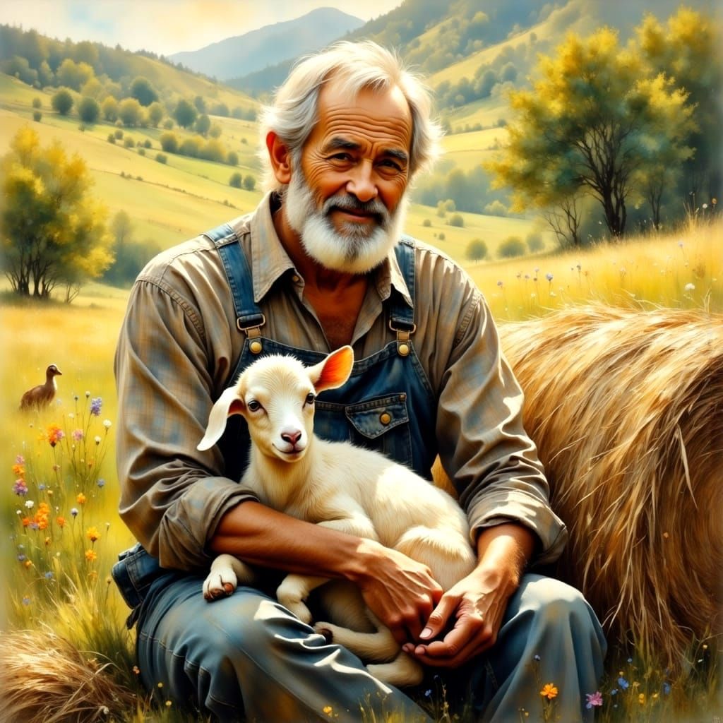 Impasto Masterpiece of a Handsome Old Farmer with a Baby Goa...