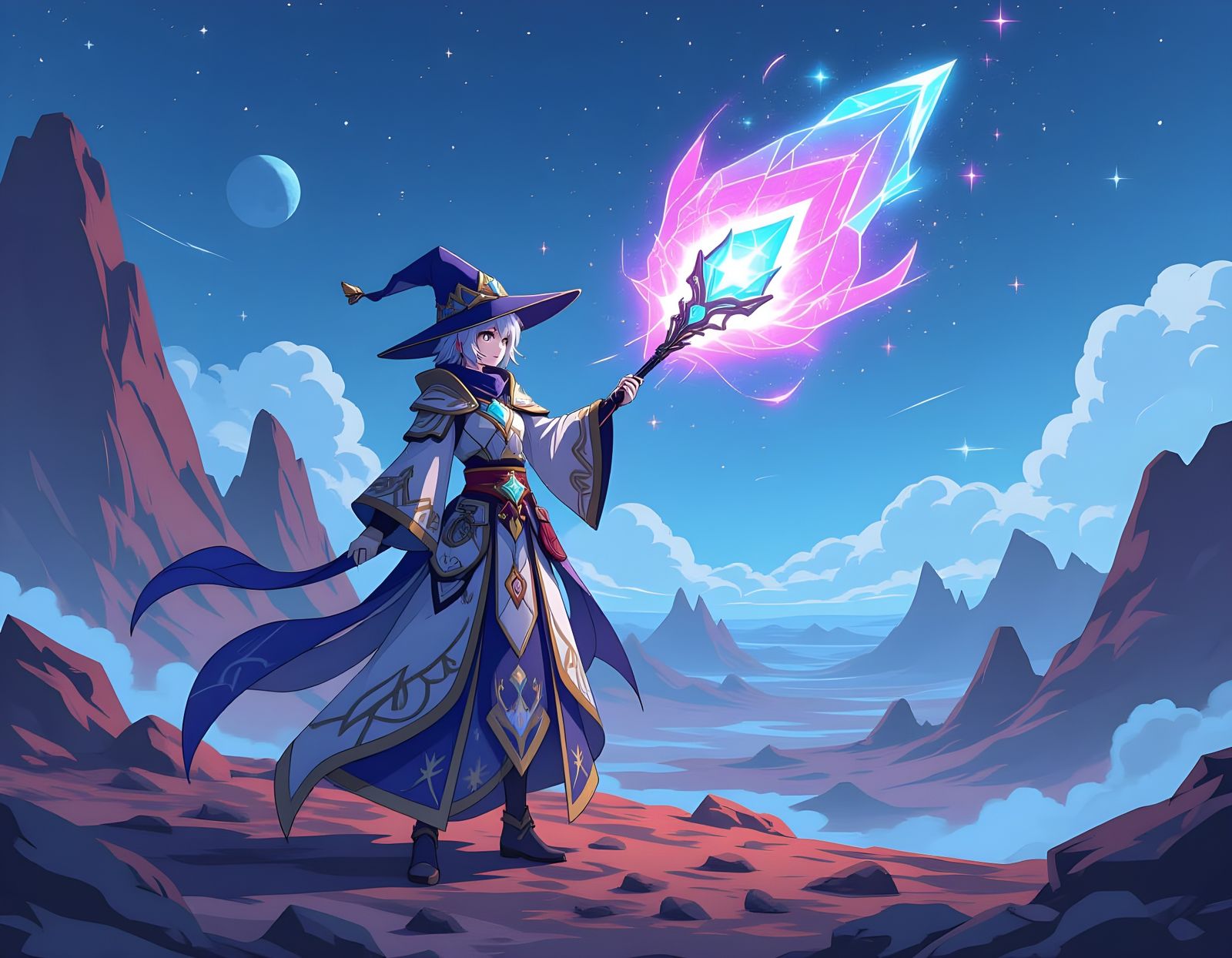 Space Mage on Asteroid in Genshin Impact Style