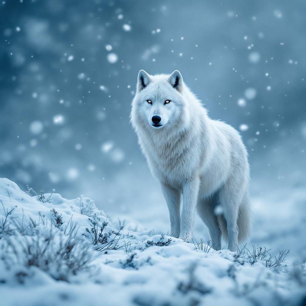 Majestic White Wolf on Snowy Hilltop Under Full Moon