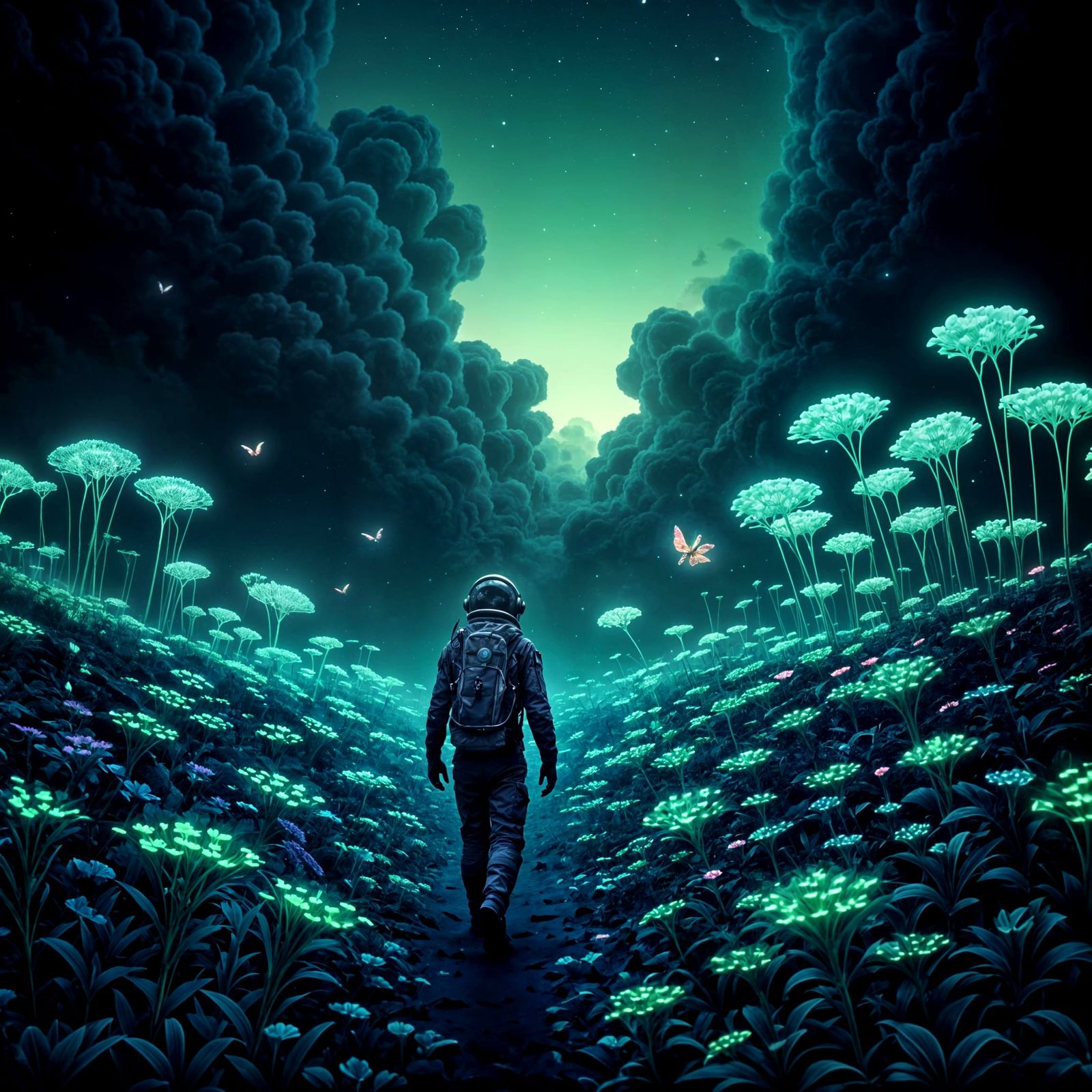 Astronaut on Alien Planet with Bioluminescent Life
