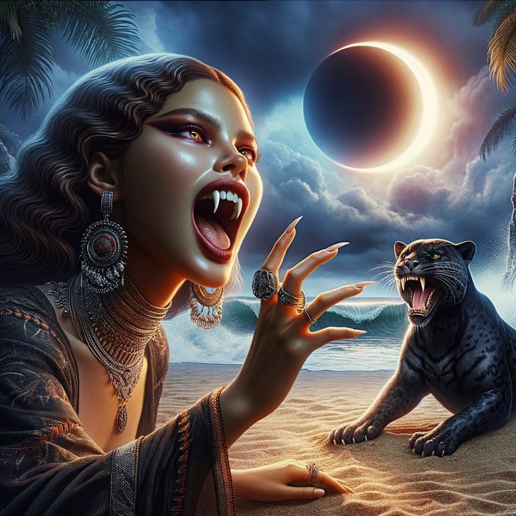 Hispanic Woman with Fangs and Jaguar on Foggy Beach at Night