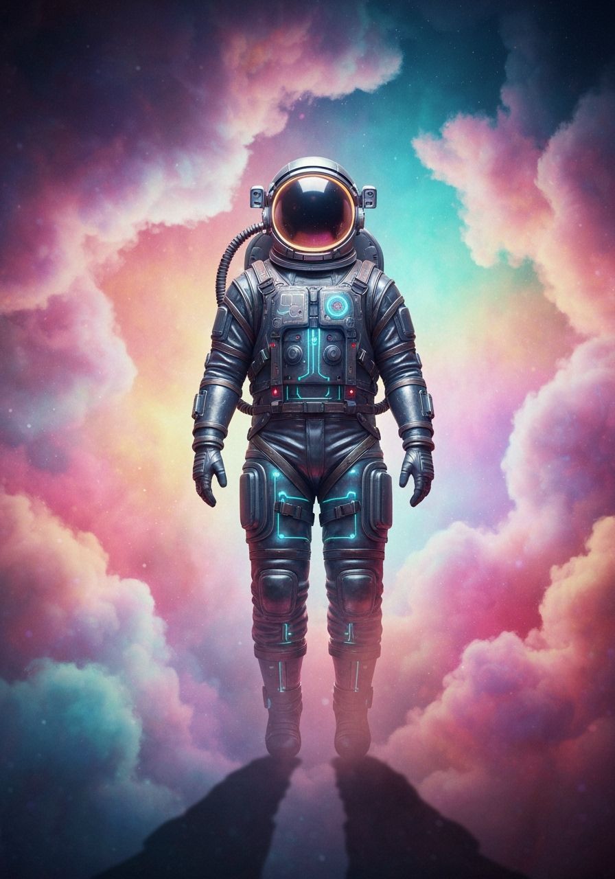 Astronaut in Retro Spacesuit Amidst Cosmic Dust