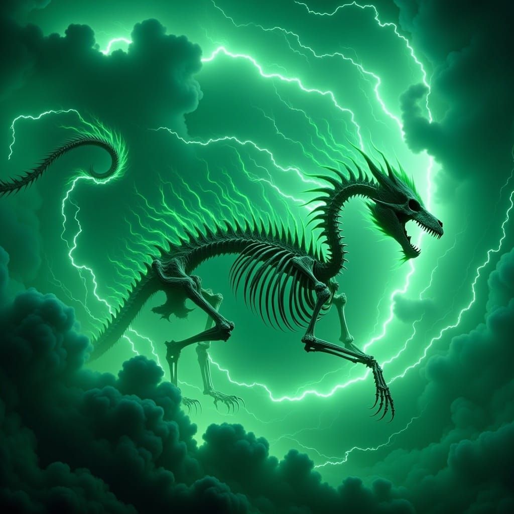 Dragon Skeleton Emerges from Green Fire in Digital Art