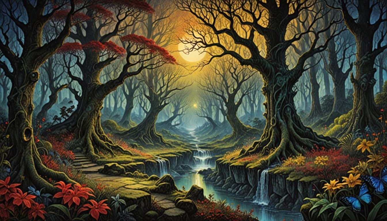 Surreal Misty Forest Garden with Watching Eyes