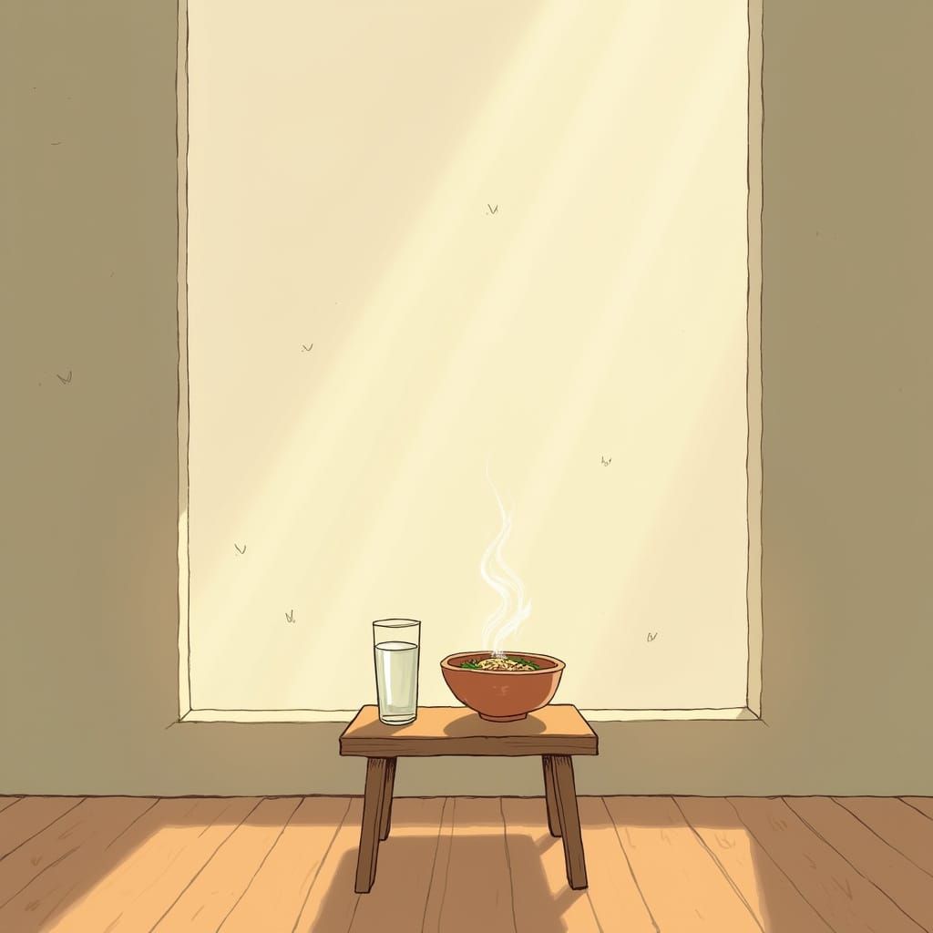 Cozy Minimalist Room with Ramen and Water