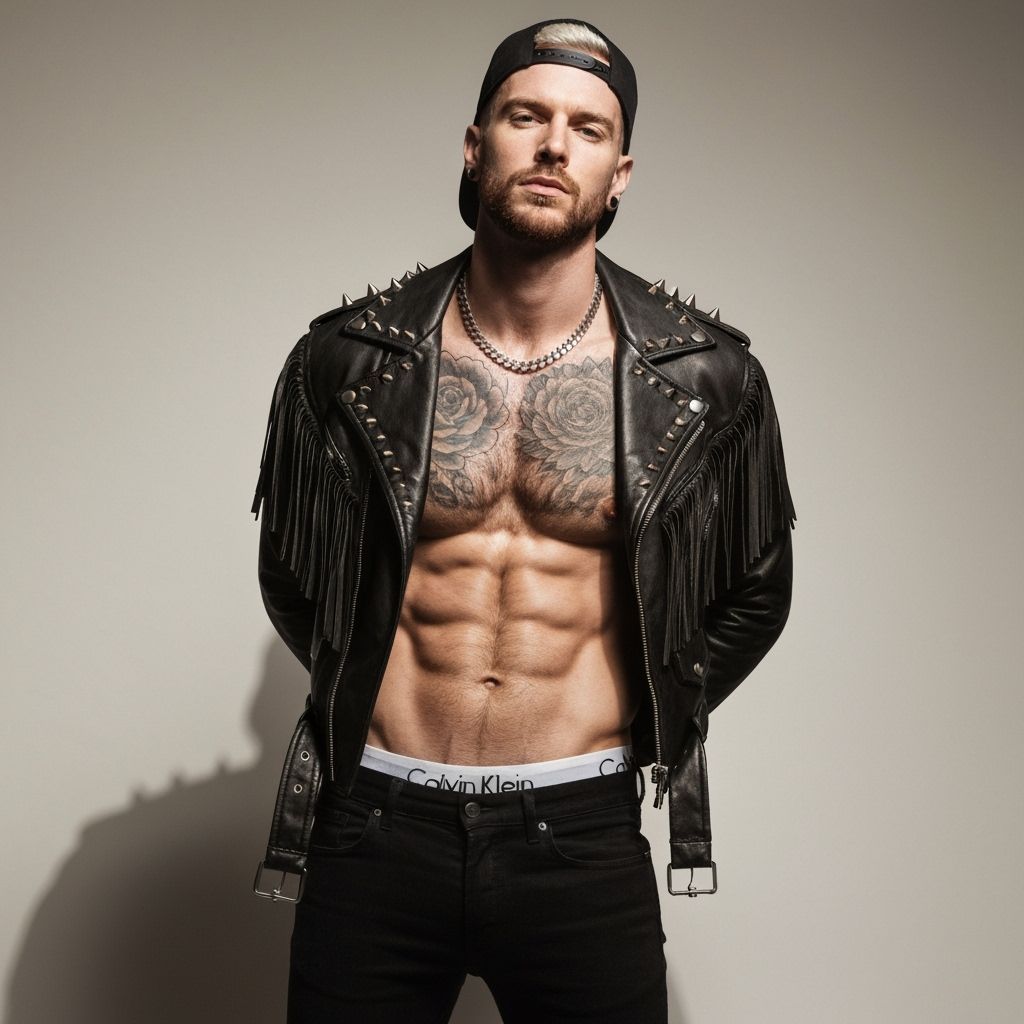 Confident Man with Tattoos and Leather Jacket