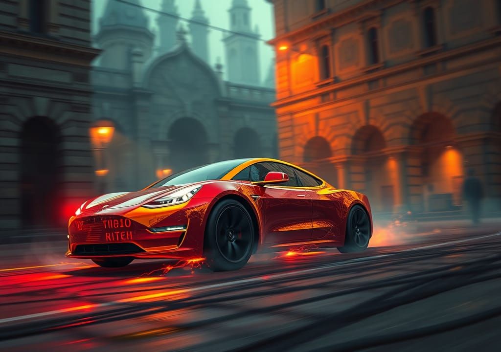 Cyberpunk-inspired, neon-lit sleek car, with a bold red and ...