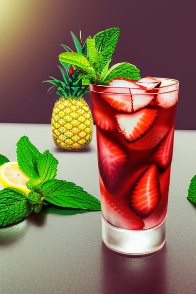 Iced Tea with Tropical Fruit, Photorealistic Digital Art