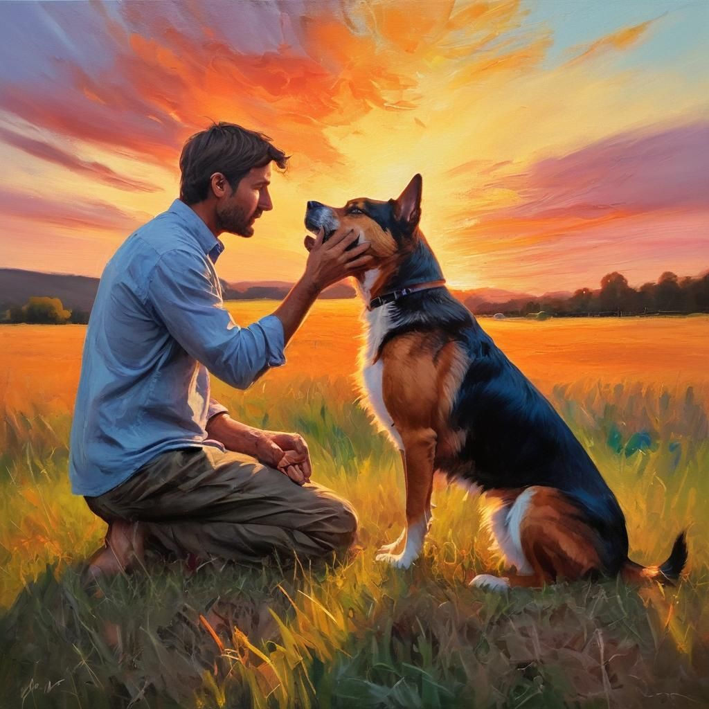 Dog and Man in Field: Vibrant Oil Painting