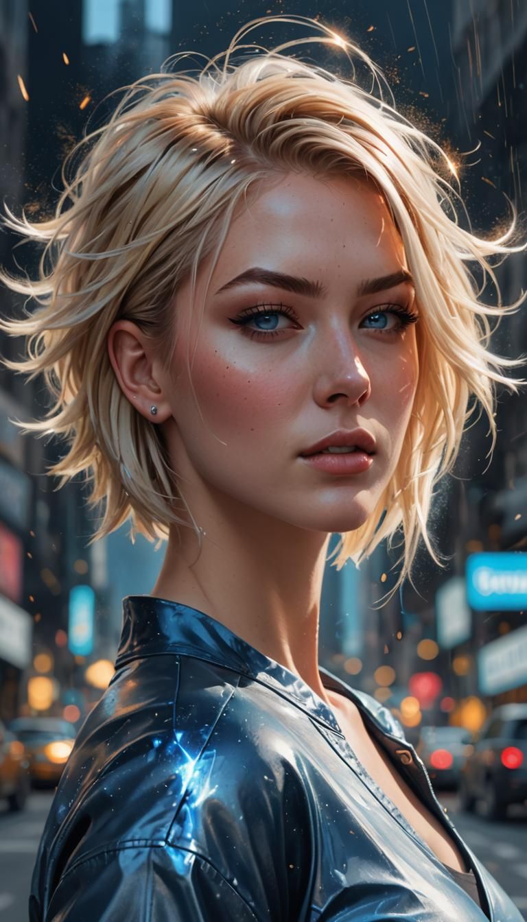 Hyperrealistic Portrait: Blonde Girl with Dynamic Pose