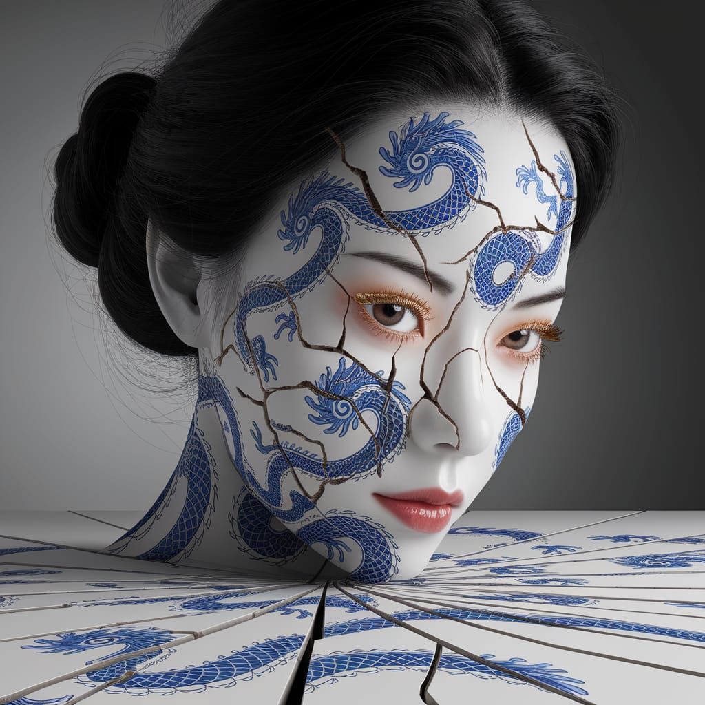 Shattering Porcelain Dragon: A Surreal Fusion