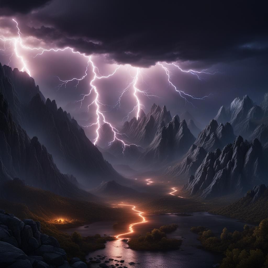 Night Mountains Ablaze with Lightning, Digital Art